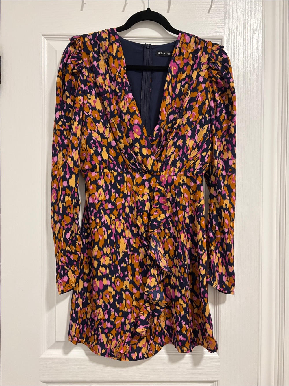 SHEIN Navy Multicolor Floral-Spot Long Sleeve Mini Dress